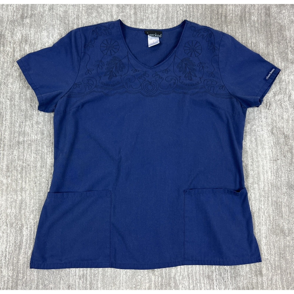 Cherokee Scrub Top Women L Navy Blue 2927 Embroidered Floral V-Neck Short Sleeve